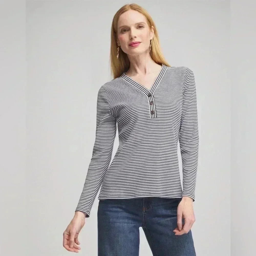 Chico’s Stripe Ribbed Henley Tee, size 2, BNWT, SOLD OUT ONLINE
